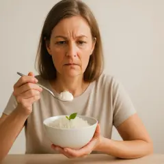 Donna con espressione preoccupata guarda una ciotola di riso, temendo che il riso faccia ingrassare.