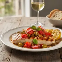 Piatto di pesce spada alla siciliana con pomodoro, olive, pinoli e basilico, accompagnato da limone grigliato e pane.
