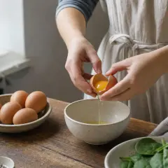 Mani che rompono un uovo in una ciotola, con altre uova in un piatto. Quante uova a settimana per una dieta sana?