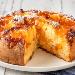 Torta soffice con pezzi di albicocca e una lucida marmellata di albicocche, spolverata di zucchero a velo.