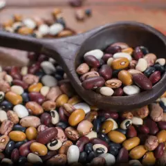 Un cucchiaio di legno trabocca di fagioli secchi misti, pronti per la cottura. Un mix colorato di varietà per un piatto saporito.