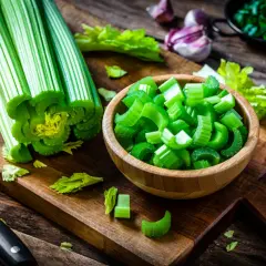 Fresh celery stalks and chopped celery in a wooden bowl on a cutting board.