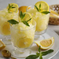 Tre bicchieri di rinfrescante granita al limone, guarniti con fettine di limone e menta. Limoni freschi e un cucchiaino dorato completano la scena.