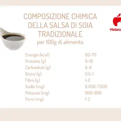 Composizione chimica della salsa di soia tradizionale: 60-70 kcal, 9-10g proteine, 6-8g carboidrati, 0.5-1g grassi. Nonostante i grassi, la salsa di soia fa ingrassare se consumata in eccesso.