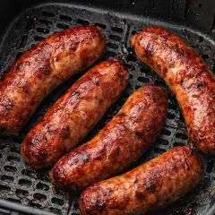 Salsiccia dorata e succulenta in friggitrice ad aria, pronta per essere gustata.