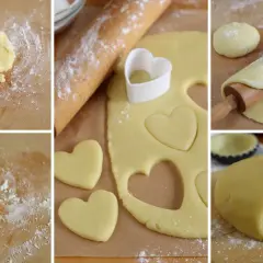 Preparazione della pasta frolla classica: impasto, stesura, ritaglio a forma di cuore e panetto pronto.