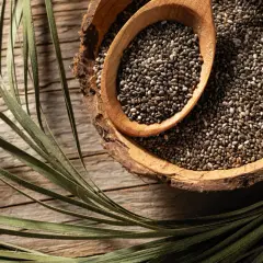 Semi di chia in una ciotola di cocco, con un cucchiaio di legno. Un rametto verde decora la scena, suggerendo un uso serale per dimagrire.