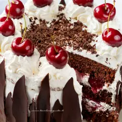 Una fetta di foresta nera torta, con panna montata, ciliegie fresche e riccioli di cioccolato.