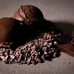 Due palline di cremoso gelato al cioccolato su un letto di granella di cacao, con pezzi di cioccolato fondente a lato.