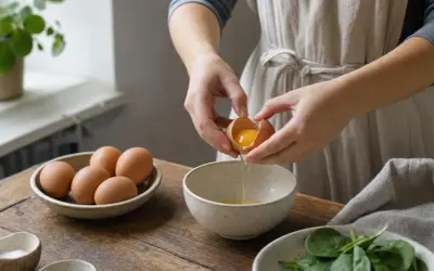 Mani che rompono un uovo in una ciotola, con altre uova in un piatto. Quante uova a settimana per una dieta sana?