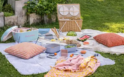 Picnic con tanti cibi con la m: melone, macedonia, mandarini, mirtilli e molto altro.