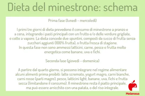 Schema della dieta del minestrone: prima fase con minestrone, frutta e verdure; seconda fase con integrazione di proteine magre e frutta.
