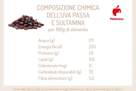 Uva passa e sultanina: scopri i benefici e la composizione chimica per 100g. Ricca di carboidrati, ottima fonte di energia.