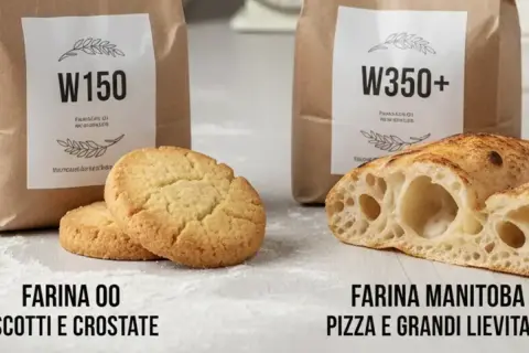 Due sacchi di diversi tipi di farina: W150 per biscotti e crostate, W350+ per pizza e grandi lievitati.