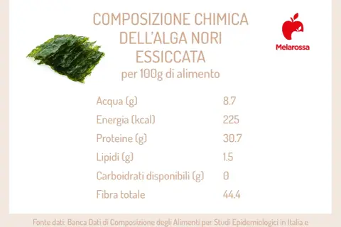 Foglio di alga nori essiccata, con tabella nutrizionale che evidenzia le proprietà: alta proteina, fibra e pochi carboidrati.