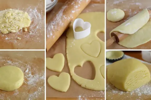 Preparazione della pasta frolla classica: impasto, stesura, ritaglio a forma di cuore e panetto pronto.