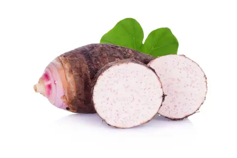 Un tubero comune nella cucina asiatica, con la sua buccia scura e la polpa bianca maculata di rosa, pronto per essere trasformato in deliziose pietanze.