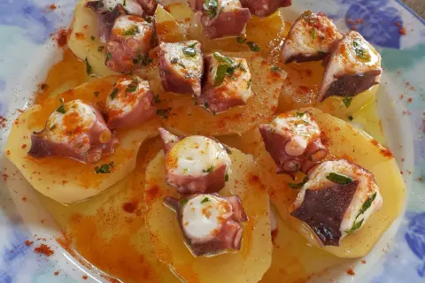 Un delizioso polpo alla gallega su patate, condito con paprika e prezzemolo, servito su un piatto blu e bianco.