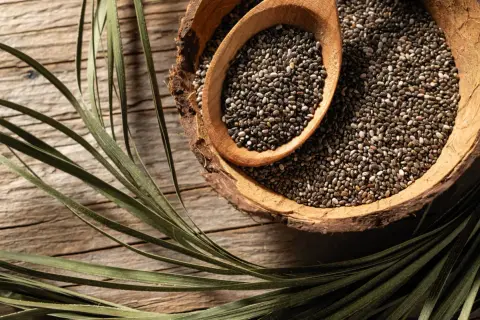 Semi di chia in una ciotola di cocco, con un cucchiaio di legno. Un rametto verde decora la scena, suggerendo un uso serale per dimagrire.
