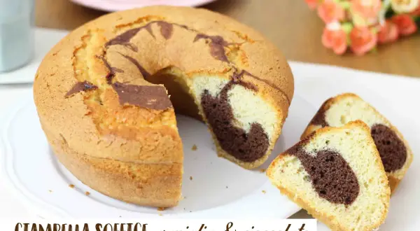 Ciambellone soffice alla vaniglia e cioccolato, con una fetta tagliata che mostra l'interno marmorizzato.