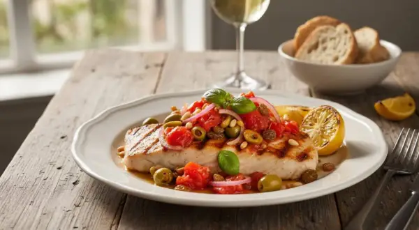 Piatto di pesce spada alla siciliana con pomodoro, olive, pinoli e basilico, accompagnato da limone grigliato e pane.