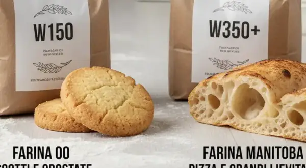 Due sacchi di diversi tipi di farina: W150 per biscotti e crostate, W350+ per pizza e grandi lievitati.