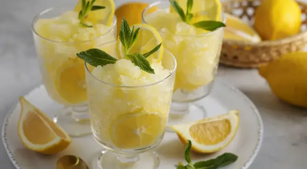 Tre bicchieri di rinfrescante granita al limone, guarniti con fettine di limone e menta. Limoni freschi e un cucchiaino dorato completano la scena.