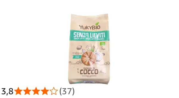 Frollini al cocco YukyBio, senza lieviti, latte, uova, biologici, vegani, fonte di fibre.