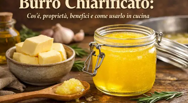 Burro chiarificato: cos'è, proprietà e benefici. Cubetti di burro in una ciotola, un vasetto di burro chiarificato dorato e una spiga di rosmarino su un tavolo di legno.