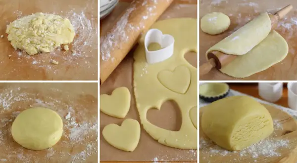 Preparazione della pasta frolla classica: impasto, stesura, ritaglio a forma di cuore e panetto pronto.