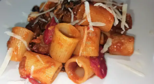 Mezze maniche alla norma con melanzane fritte, pomodoro e ricotta salata grattugiata. Un piatto siciliano gustoso.