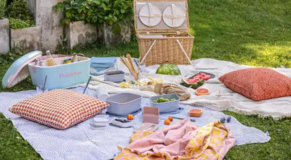Picnic con tanti cibi con la m: melone, macedonia, mandarini, mirtilli e molto altro.