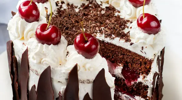 Una fetta di foresta nera torta, con panna montata, ciliegie fresche e riccioli di cioccolato.