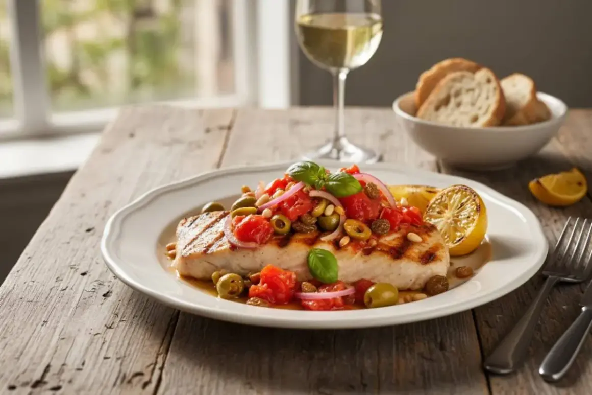 Piatto di pesce spada alla siciliana con pomodoro, olive, pinoli e basilico, accompagnato da limone grigliato e pane.