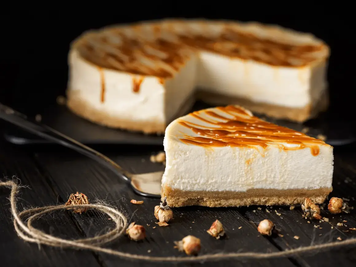 Una fetta di cheesecake senza gelatina, con glassa al caramello, su un piatto scuro. Sullo sfondo, la torta intera.