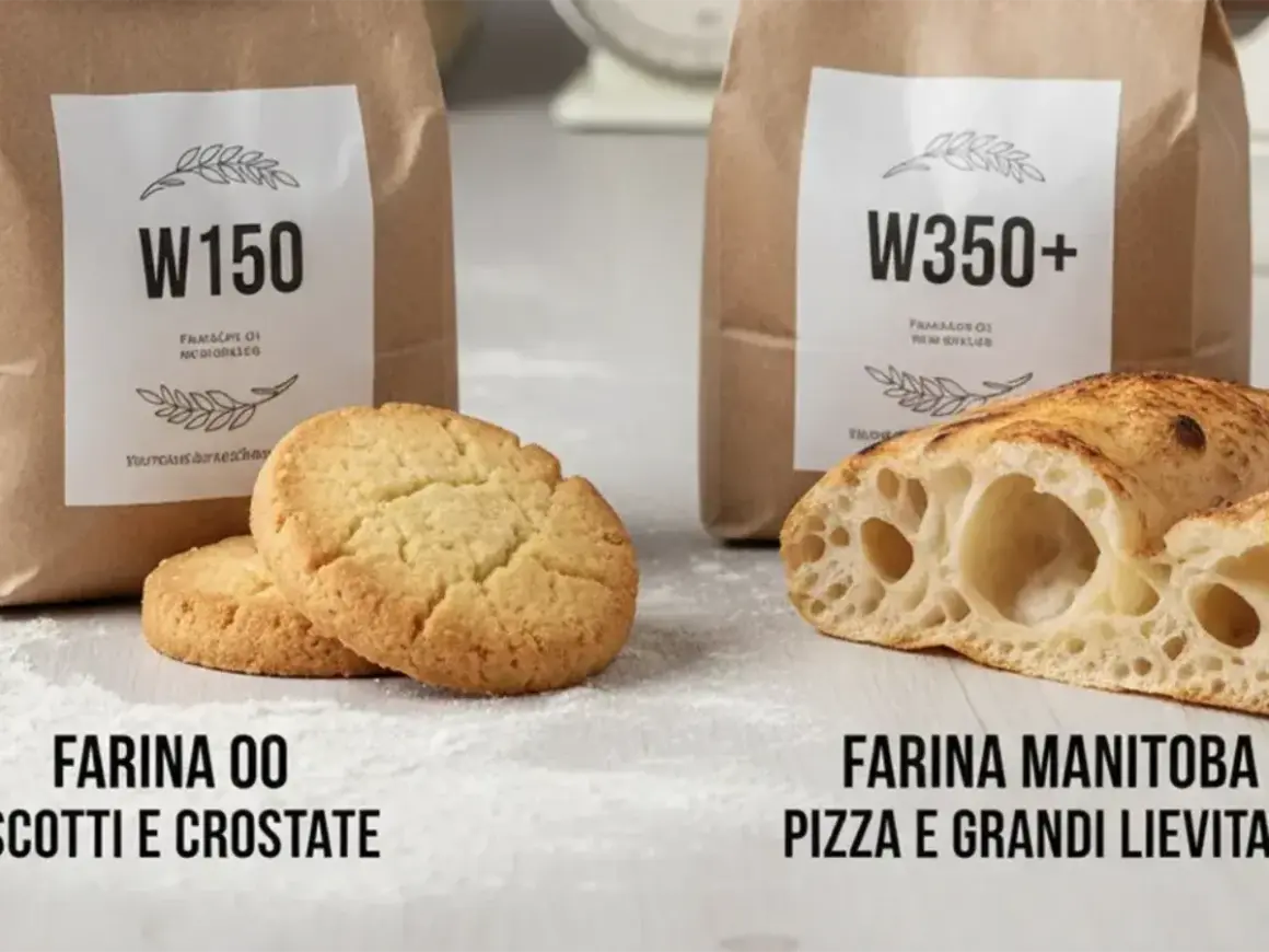 Due sacchi di diversi tipi di farina: W150 per biscotti e crostate, W350+ per pizza e grandi lievitati.