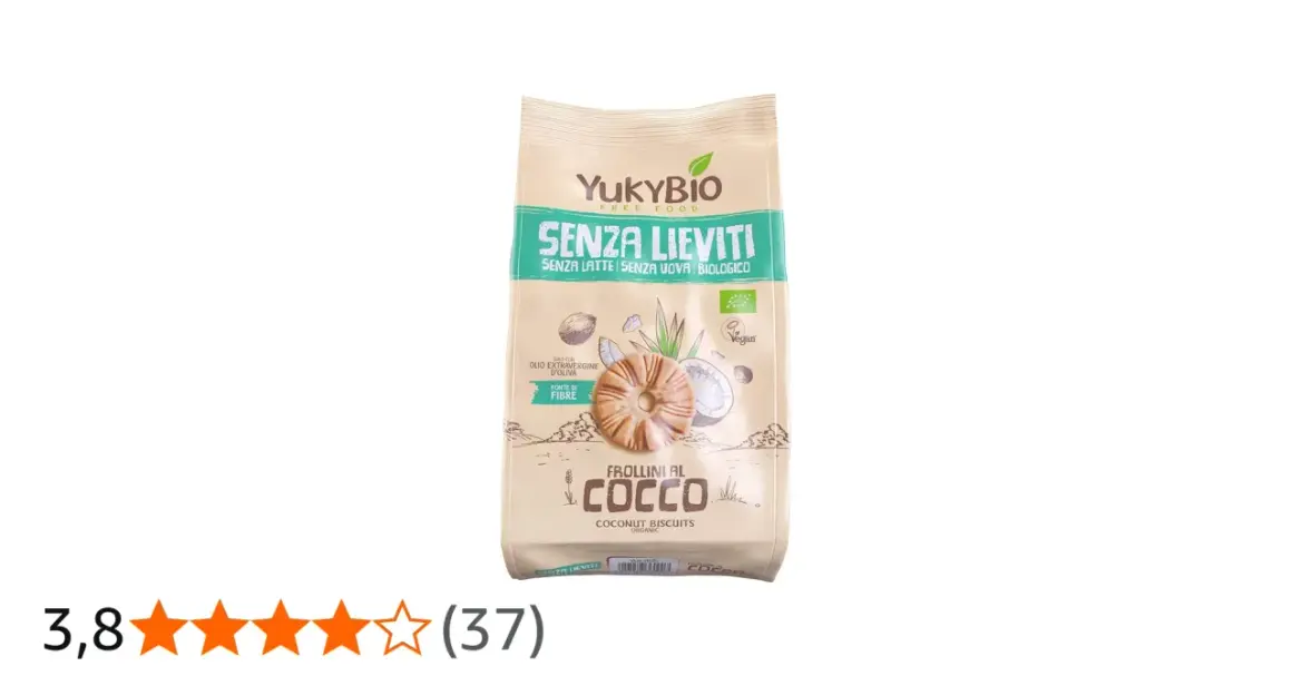 Frollini al cocco YukyBio, senza lieviti, latte, uova, biologici, vegani, fonte di fibre.