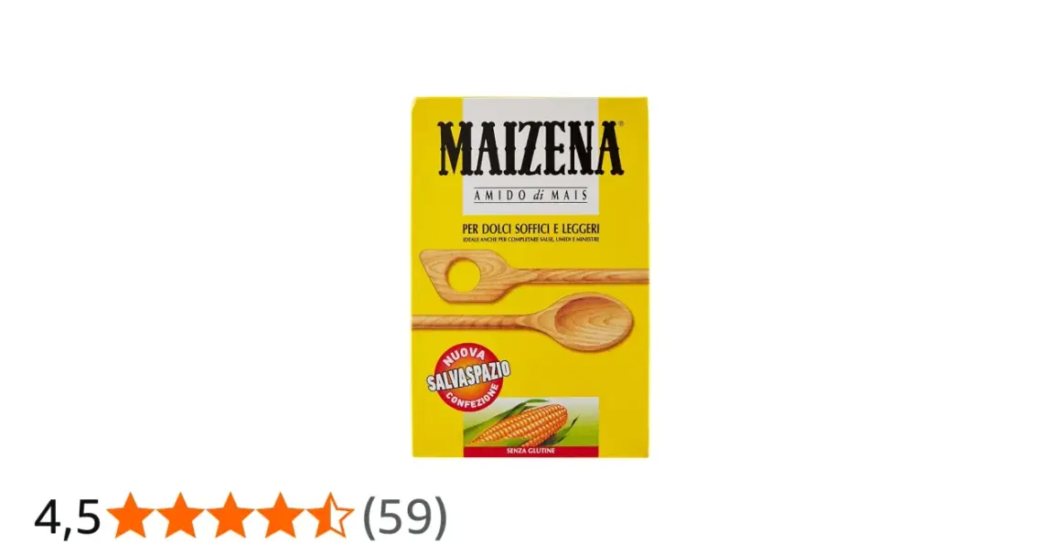 Confezione di Maizena, amido di mais, per dolci soffici e leggeri. Ideale anche per salse e minestre. Senza glutine.