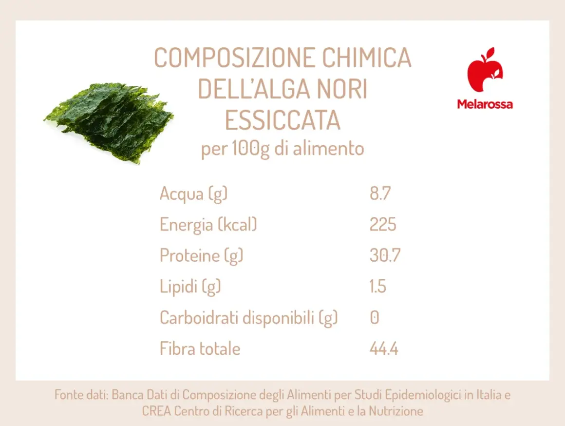 Foglio di alga nori essiccata, con tabella nutrizionale che evidenzia le proprietà: alta proteina, fibra e pochi carboidrati.