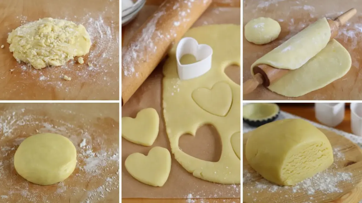 Preparazione della pasta frolla classica: impasto, stesura, ritaglio a forma di cuore e panetto pronto.