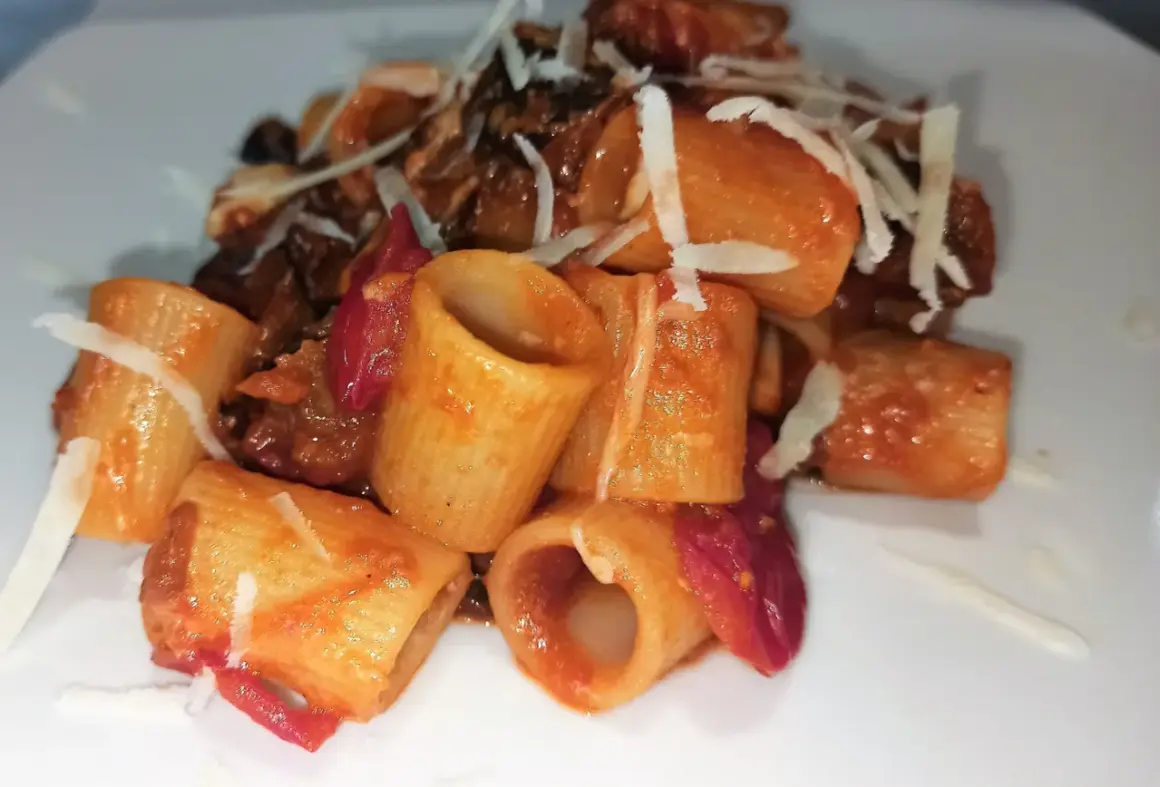 Mezze maniche alla norma con melanzane fritte, pomodoro e ricotta salata grattugiata. Un piatto siciliano gustoso.