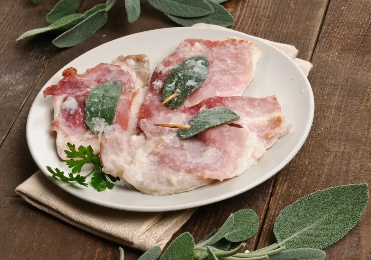 Saltimbocca alla romana: fette di vitello con prosciutto e salvia, pronte per essere cucinate.