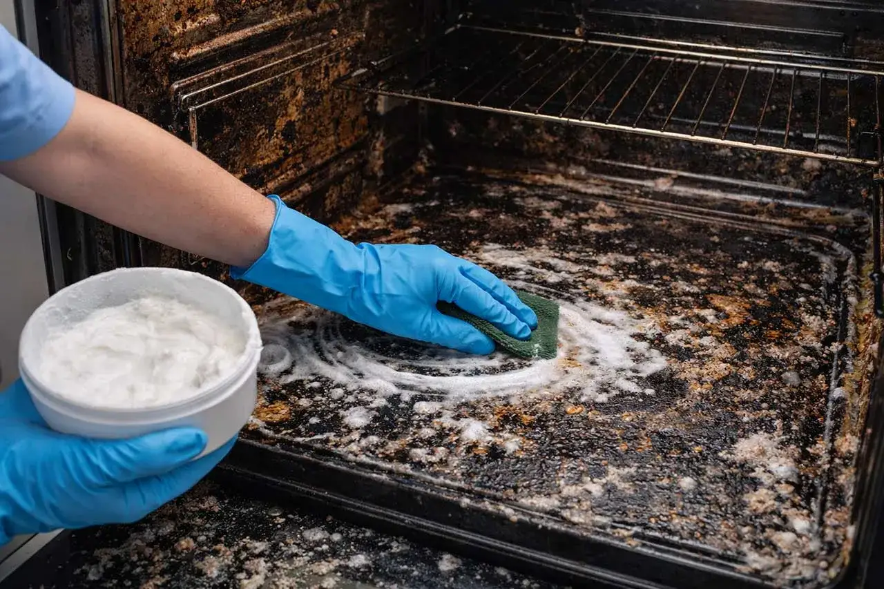 Mani con guanti blu iniziano a pulire il forno incrostato con una spugna e un prodotto bianco.