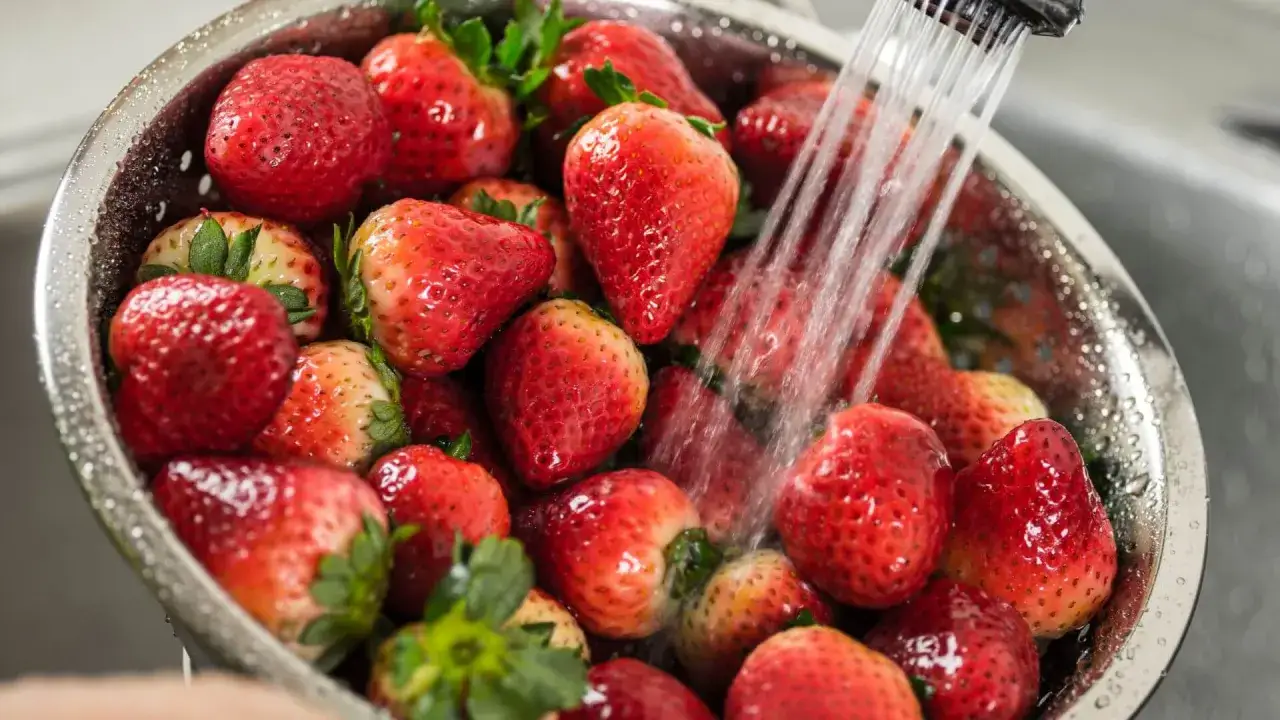 Fragole rosse e succose vengono lavate sotto un getto d'acqua in un colino. Un'immagine che evoca la freschezza e la bontà, perfetta per chi sogna fragole in gravidanza.