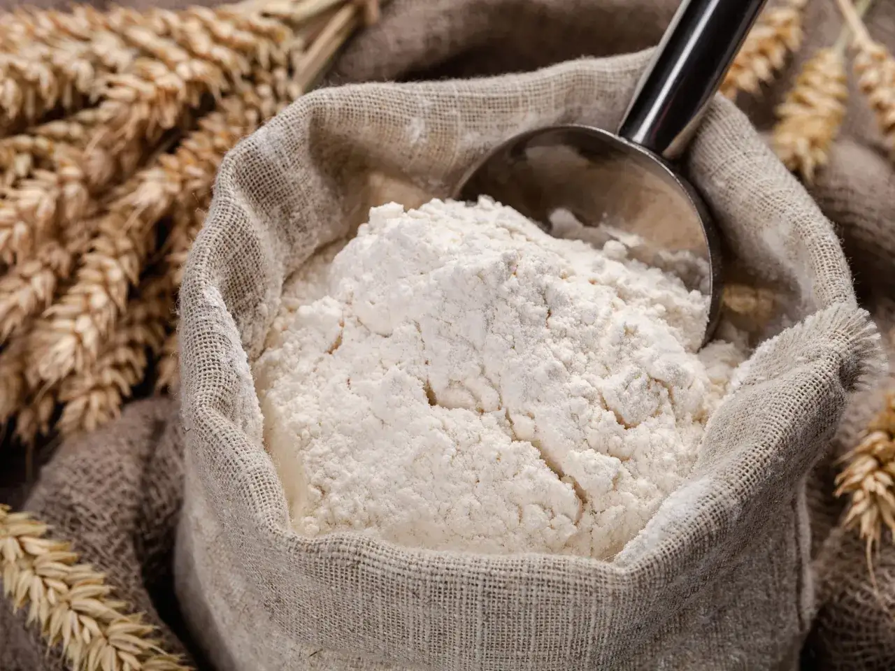 Sacchetto di iuta pieno di farina bianca, con spighe di grano sullo sfondo. Diversi tipi di farina per ogni ricetta.