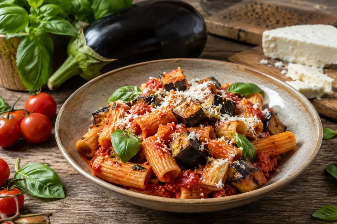 Un piatto invitante di pasta alla siciliana con melanzane grigliate, pomodoro fresco e basilico, guarnito con parmigiano grattugiato.
