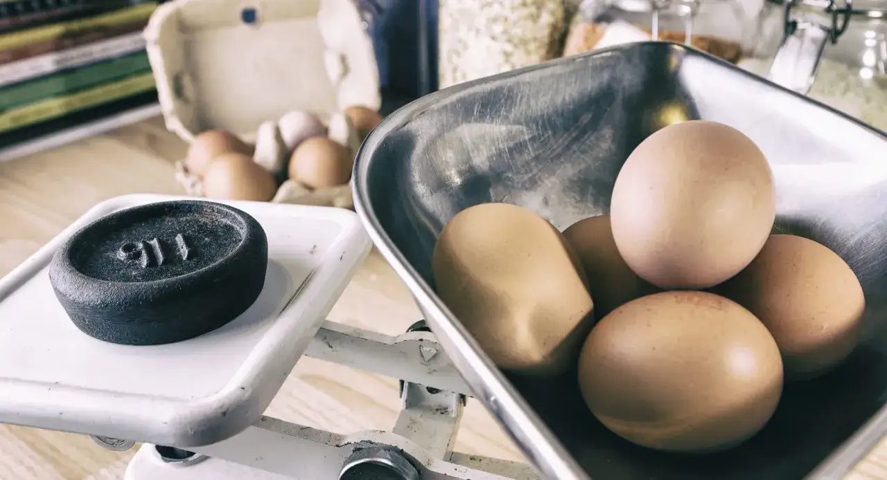 Bilancia con uova e peso. Scopri quanto pesa un uovo per le tue ricette.
