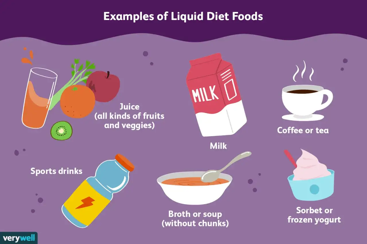 Esempi di dieta liquida: cosa mangiare? Succhi, latte, brodo, caff&egrave;, t&egrave;, sorbetto, yogurt e bevande sportive.