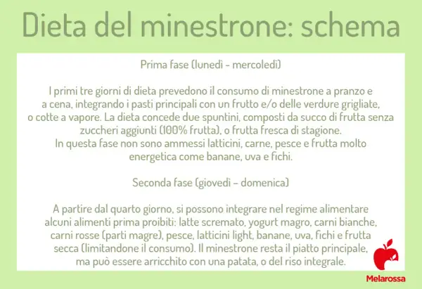 Schema della dieta del minestrone: prima fase con minestrone, frutta e verdure; seconda fase con integrazione di proteine magre e frutta.