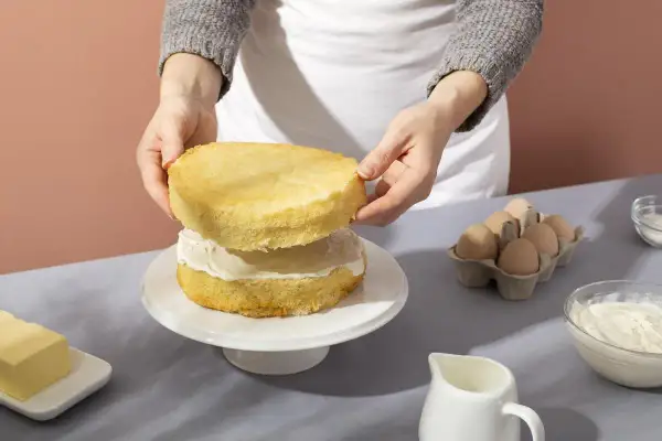 Mani che assemblano un pan di spagna su un'alzata, con ingredienti come uova e burro sul tavolo.